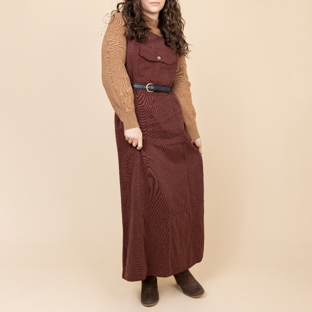 Vintage Denim Prairie Maxi Dress Cottagecore Dress 70's Boho Overall Dress Brown